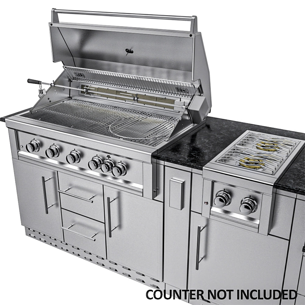 Angled view of Sunstone Ruby 5-burner grill and double side burner installed in a stainless steel cabinet base.