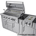 Angled view of Sunstone Ruby 5-burner grill and double side burner installed in a stainless steel cabinet base.