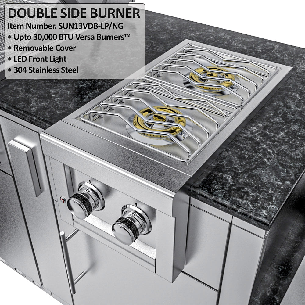 Double side burner SUN13VDB with 30,000 BTUs, LED front lights, and removable stainless steel cover for outdoor kitchen islands.