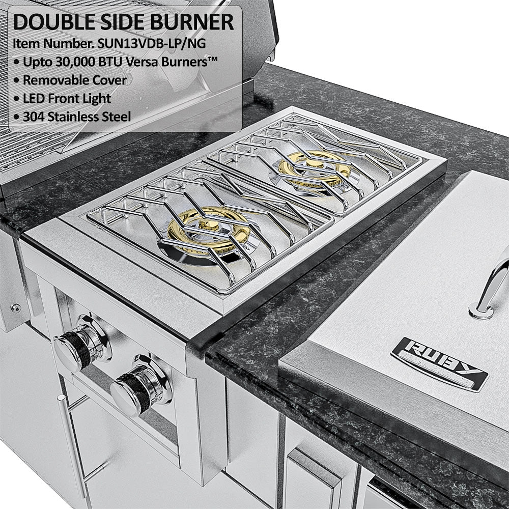 Top view of a Sunstone Ruby Series double side burner with 30,000 BTU versa burners and LED front lights integrated into a stone countertop.