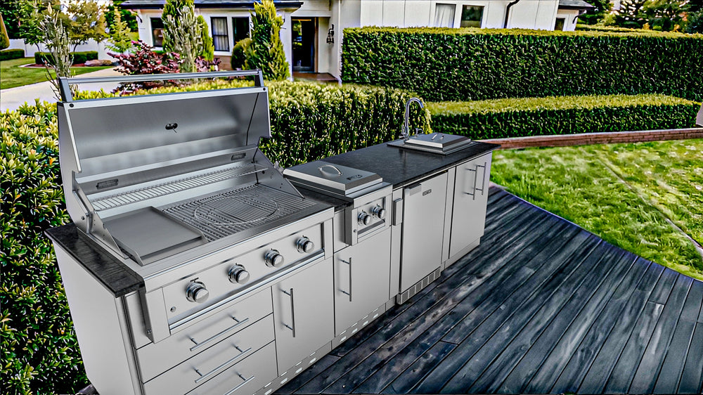 Lifestyle shot of the Sunstone Houston 9′8″ outdoor kitchen island installed on a modern backyard wooden deck.