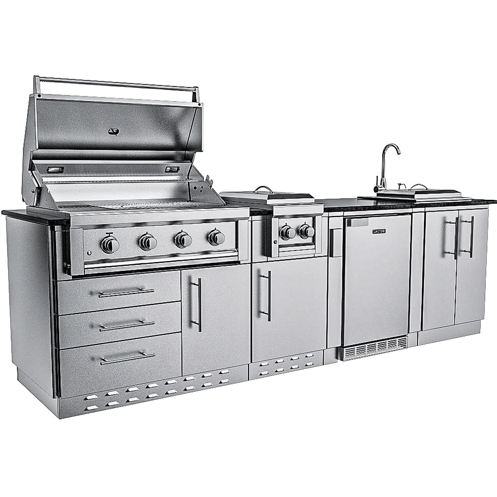 Angled front view of the Sunstone Houston outdoor kitchen island with the grill lid open and kick plates installed at the base.