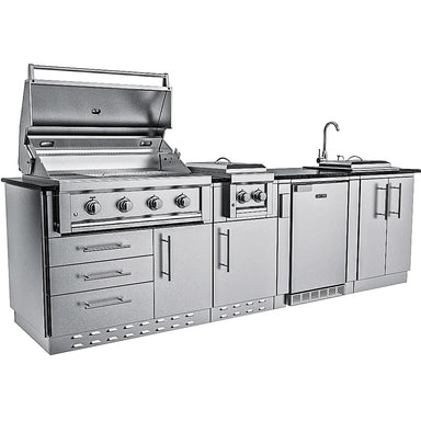 Angled front view of the Sunstone Houston outdoor kitchen island with the grill lid open and kick plates installed at the base.