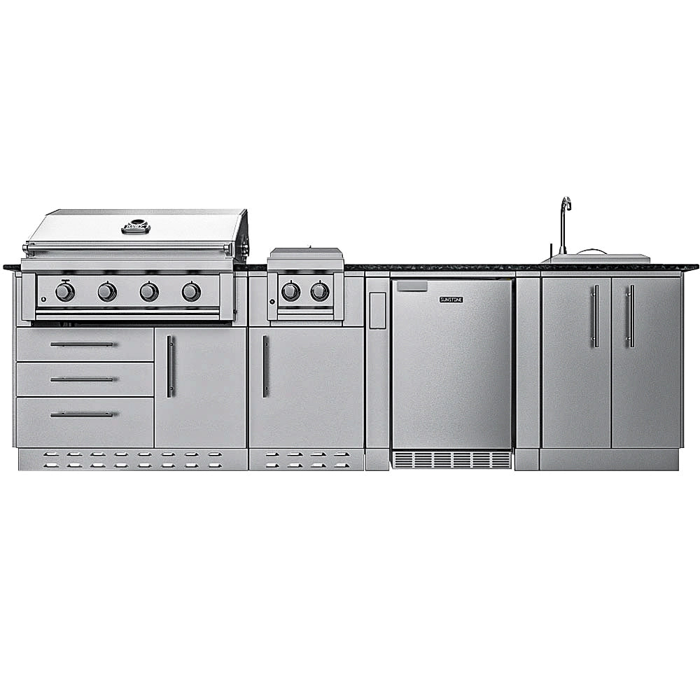 Straight-on front elevation of the Sunstone Houston 9′8″ island featuring a gas grill, side burner, refrigerator, and sink.