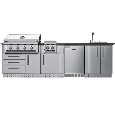 Straight-on front elevation of the Sunstone Houston 9′8″ island featuring a gas grill, side burner, refrigerator, and sink.