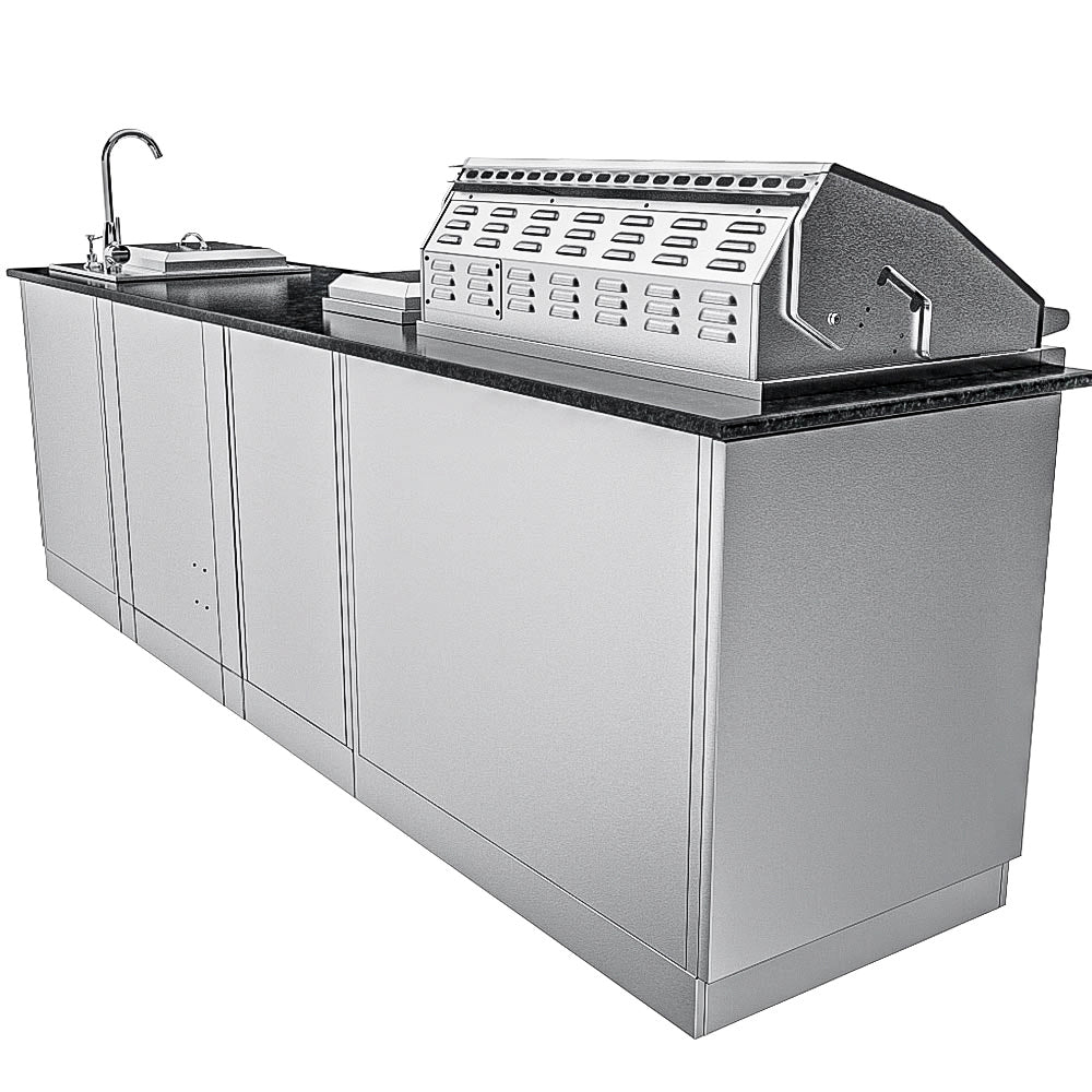 Rear perspective of the 9′8″ Sunstone Houston kitchen island showing the finished stainless steel back panels and vented grill hood.