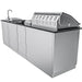 Rear perspective of the 9′8″ Sunstone Houston kitchen island showing the finished stainless steel back panels and vented grill hood.