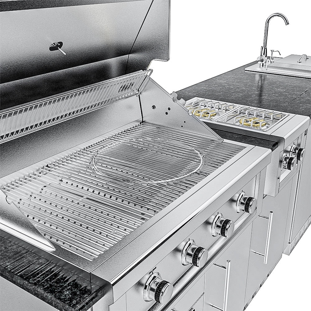 Close-up of an open Sunstone Ruby Series gas grill showing heavy-duty stainless steel cooking grates and a warming rack.