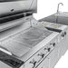 Close-up of an open Sunstone Ruby Series gas grill showing heavy-duty stainless steel cooking grates and a warming rack.