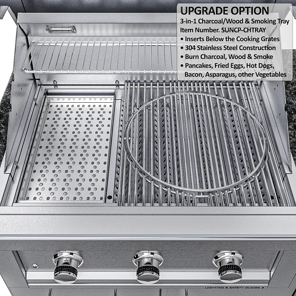 Sunstone SCPMAGNOLIA10 Magnolia ADA grill upgrade 3-in-1 charcoal/wood smoking tray insert beneath cooking grates.