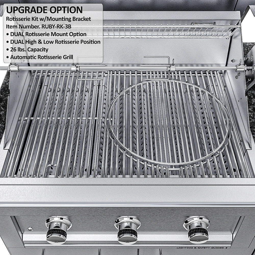 Sunstone SCPMAGNOLIA10 Magnolia ADA gas grill interior showing rotisserie rod, warming rack, and stainless grates.