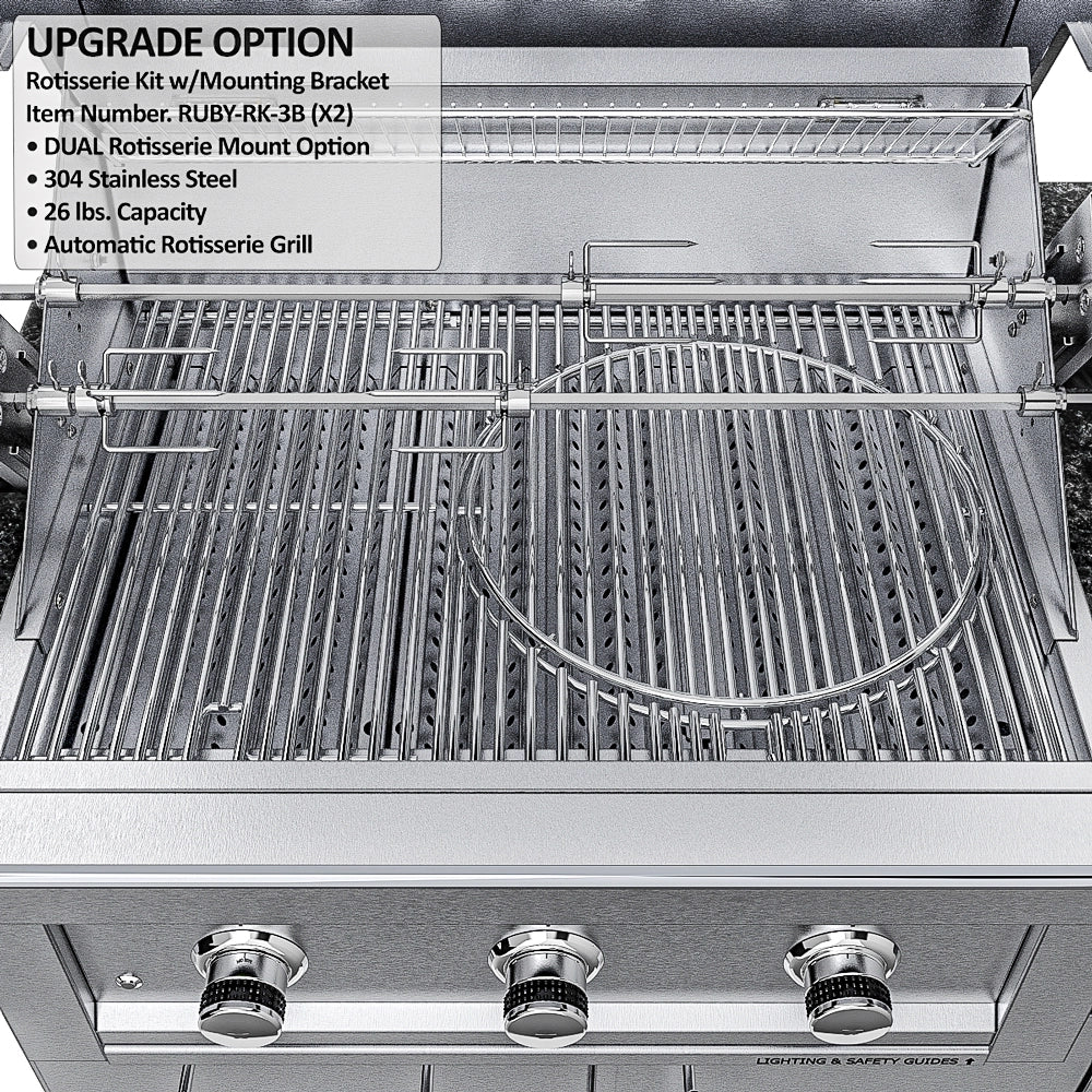 Sunstone SCPMAGNOLIA10 Magnolia ADA grill interior with rotisserie kit and mounting bracket over stainless cooking grates.
