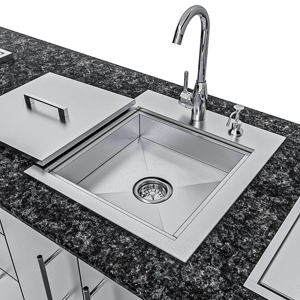 Sunstone SCPMAGNOLIA10 Magnolia ADA outdoor kitchen island stainless steel sink with high-arc faucet and soap dispenser on granite countertop.