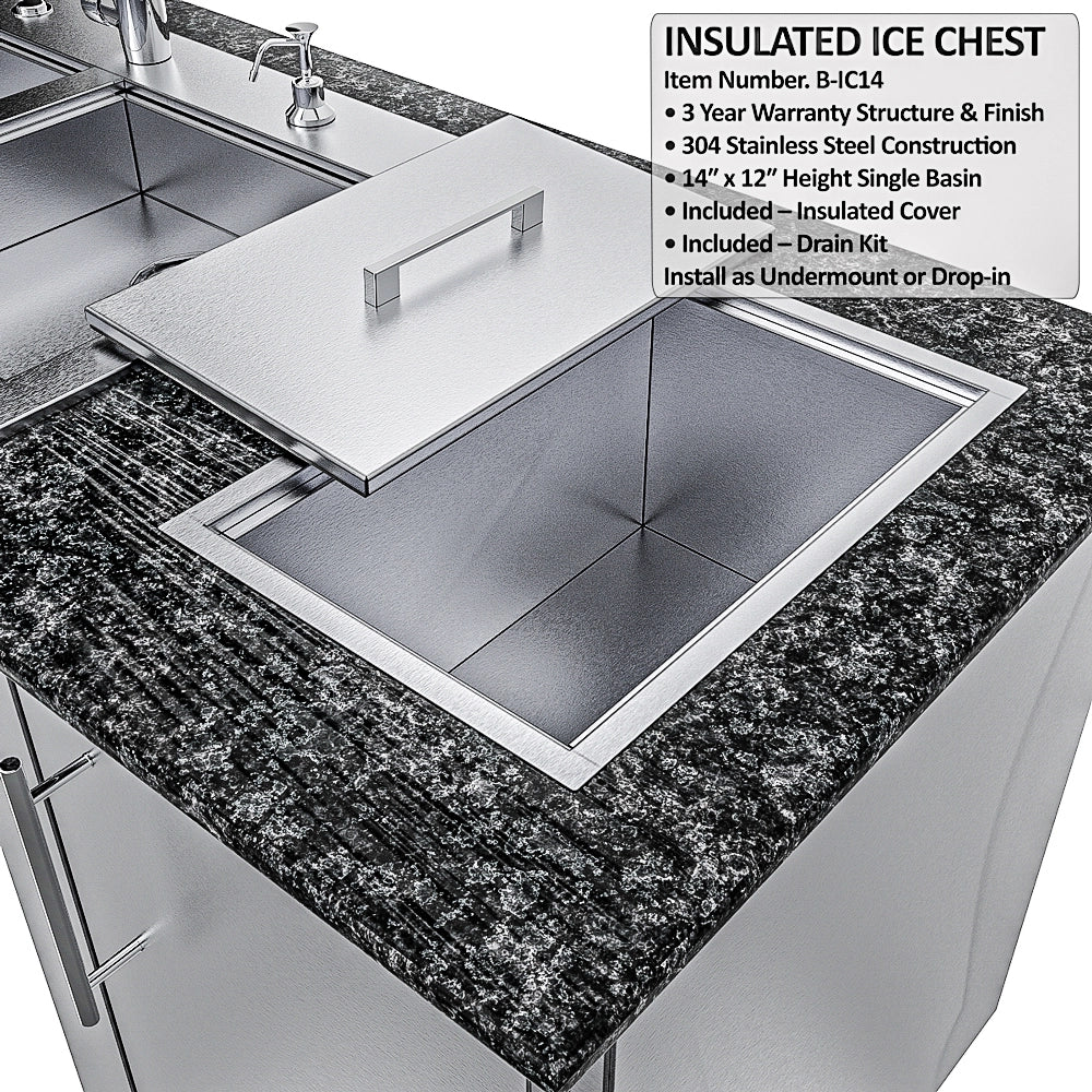 Sunstone SCPMAGNOLIA10 Magnolia ADA kitchen island insulated stainless steel drop-in ice chest with covered lid on dark granite countertop.