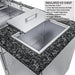 Sunstone SCPMAGNOLIA10 Magnolia ADA kitchen island insulated stainless steel drop-in ice chest with covered lid on dark granite countertop.