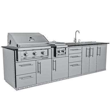 Sunstone SCPMAGNOLIA10 Magnolia ADA Kitchen Island 10 ft stainless outdoor kitchen island with Ruby grill, side burner, sink, and granite countertop.