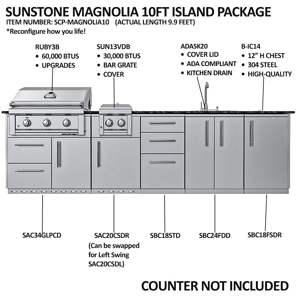 Sunstone SCPMAGNOLIA10 Magnolia 10 ft ADA kitchen island package diagram showing Ruby 3-burner grill, double side burner, sink, ice chest, and cabinet layout.