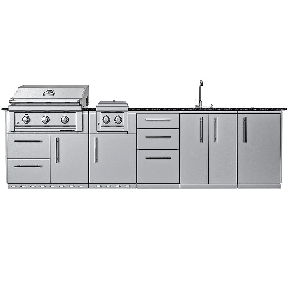 Sunstone SCPMAGNOLIA10 Magnolia ADA Kitchen Island 10 ft straight view with Ruby 3-burner grill, double side burner, drawers, and sink base cabinets.