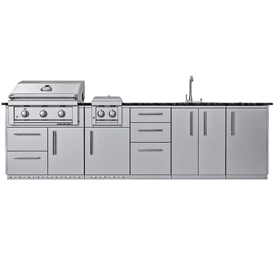 Sunstone SCPMAGNOLIA10 Magnolia ADA Kitchen Island 10 ft straight view with Ruby 3-burner grill, double side burner, drawers, and sink base cabinets.