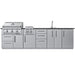 Sunstone SCPMAGNOLIA10 Magnolia ADA Kitchen Island 10 ft straight view with Ruby 3-burner grill, double side burner, drawers, and sink base cabinets.