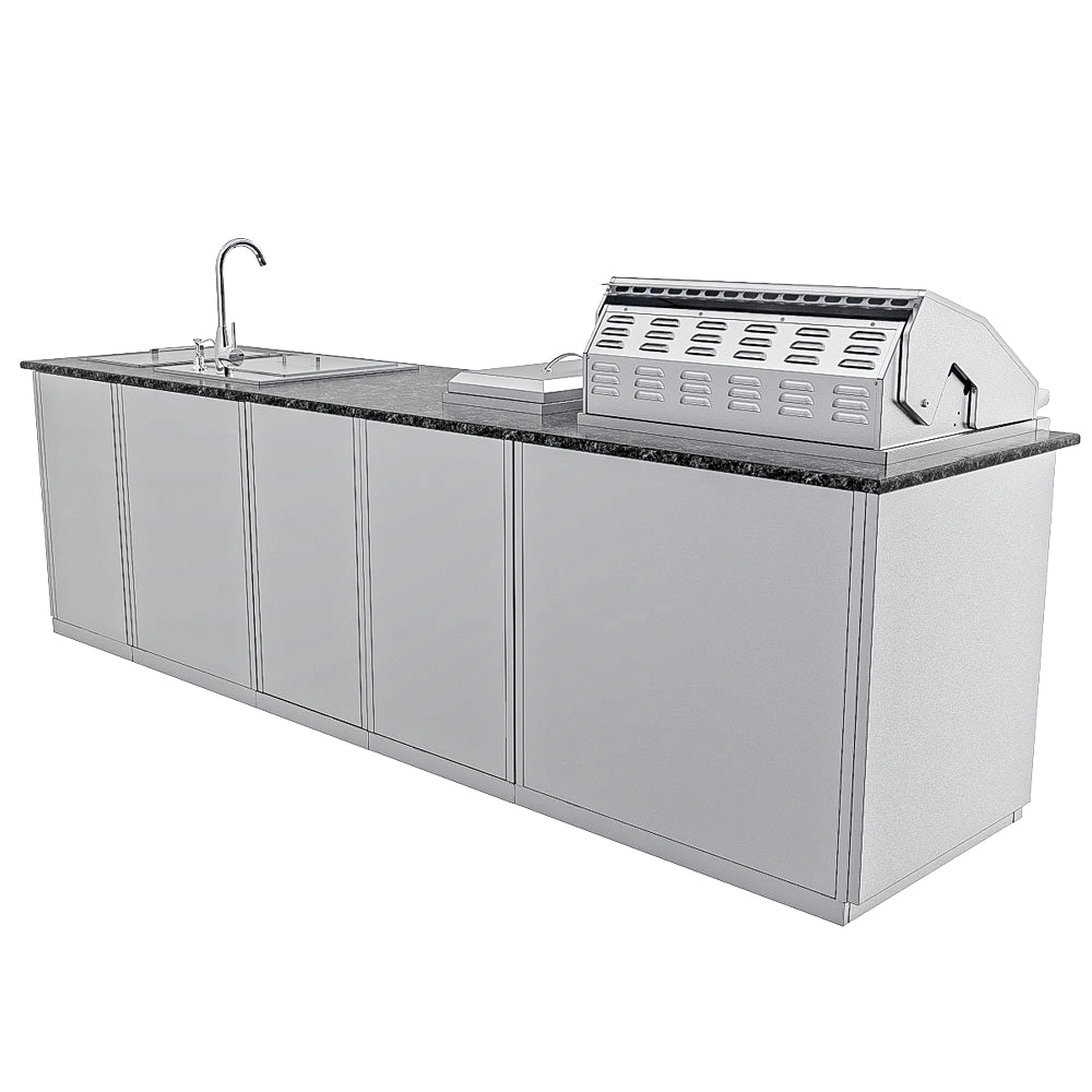 Sunstone SCPMAGNOLIA10 Magnolia ADA Kitchen Island 10 ft rear view with full stainless cabinet backs, granite countertop, and built-in grill module.