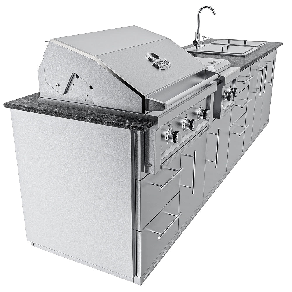 Sunstone SCPMAGNOLIA10 Magnolia ADA outdoor kitchen island angled view showing Ruby 3-burner grill hood, side burner, sink, and stainless cabinetry.