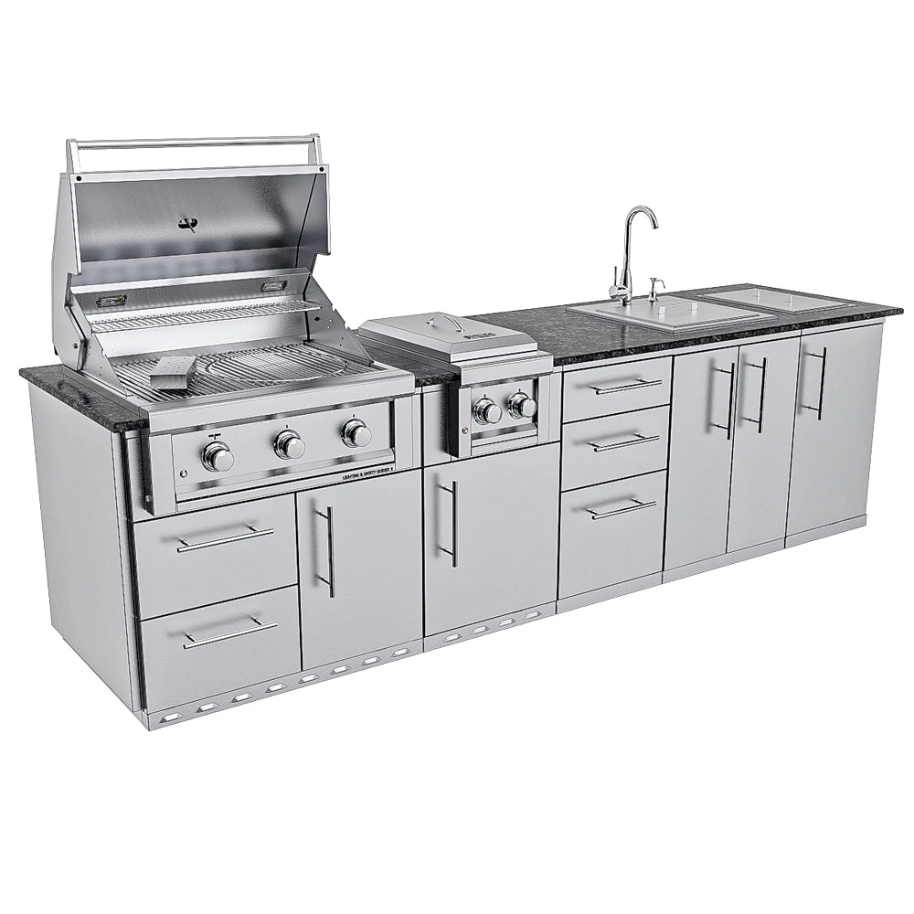 Sunstone SCPMAGNOLIA10 Magnolia ADA Kitchen Island 10 ft stainless outdoor kitchen with open Ruby grill, double side burner, sink, storage drawers, and granite top.