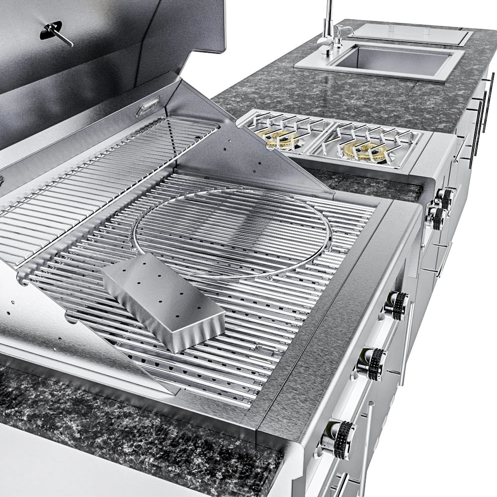 Sunstone SCPMAGNOLIA10 Magnolia ADA outdoor kitchen island close-up of open grill grates with double side burner and stainless sink on granite countertop.