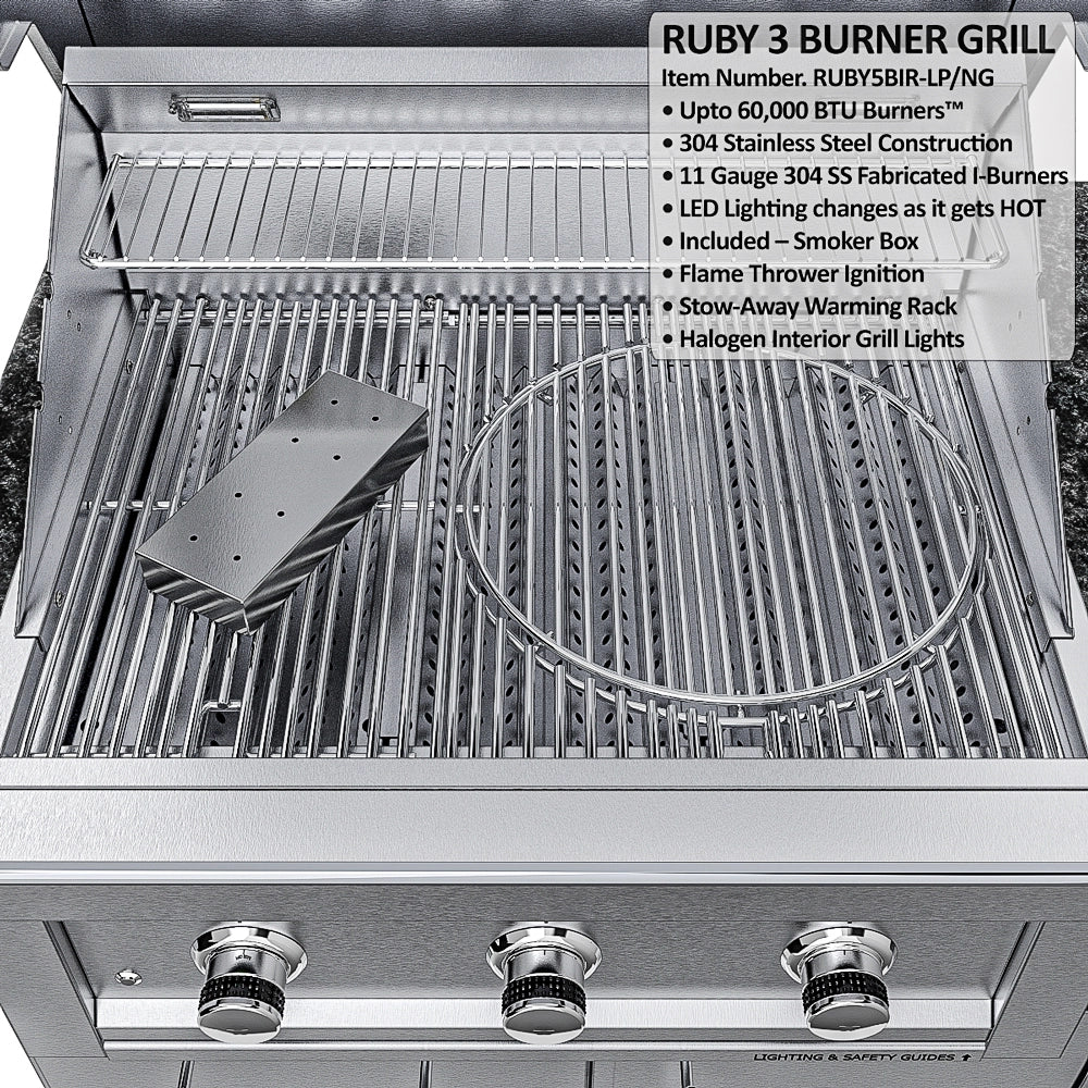 Sunstone SCPMAGNOLIA10 Magnolia ADA Kitchen Island 10 ft Ruby 3-burner stainless gas grill interior with warming rack, smoker box, and cooking grates.
