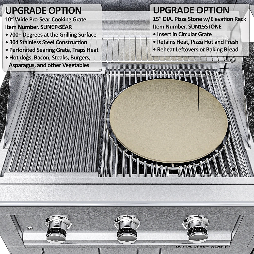 Sunstone SCPMAGNOLIA10 Magnolia ADA grill upgrade pizza stone with elevation rack and pro-sear cooking grate inside stainless grill.