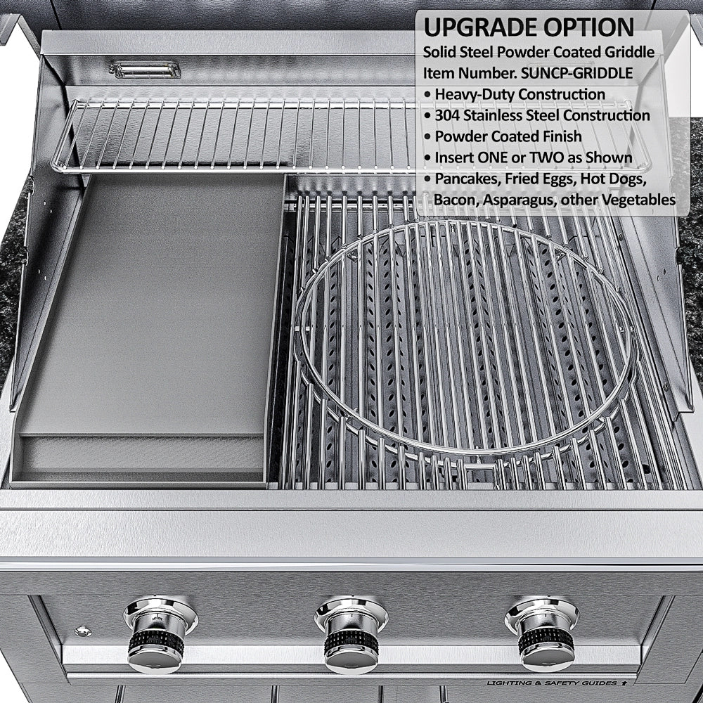 Sunstone SCPMAGNOLIA10 Magnolia ADA grill upgrade solid steel powder-coated griddle insert on left cooking zone.