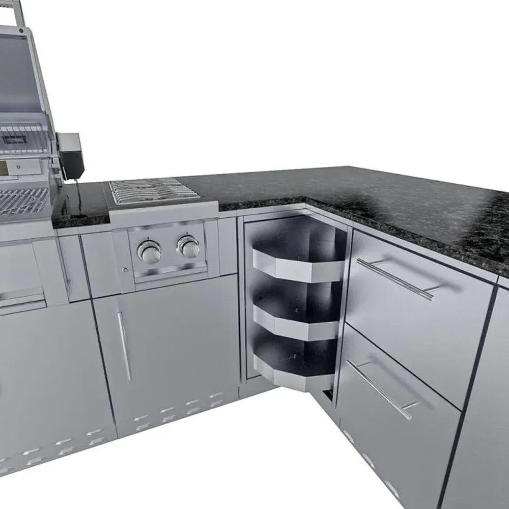 Sunstone SCPRANCHER8.10BY11 Rancher L-shaped island corner with side burner, curved corner shelves, and stainless storage drawers.
