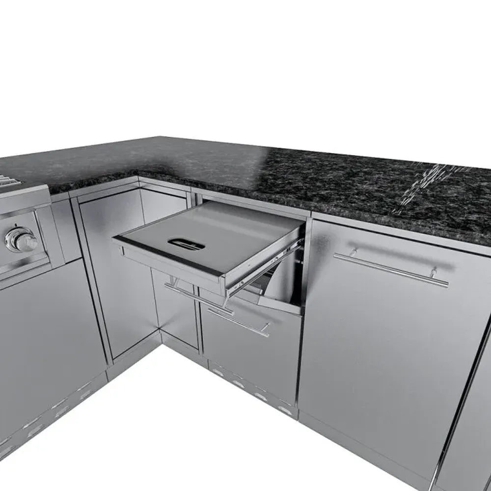 Sunstone SCPRANCHER8.10BY11 Rancher island storage drawer with sliding stainless cutting board insert in L-shaped corner section.