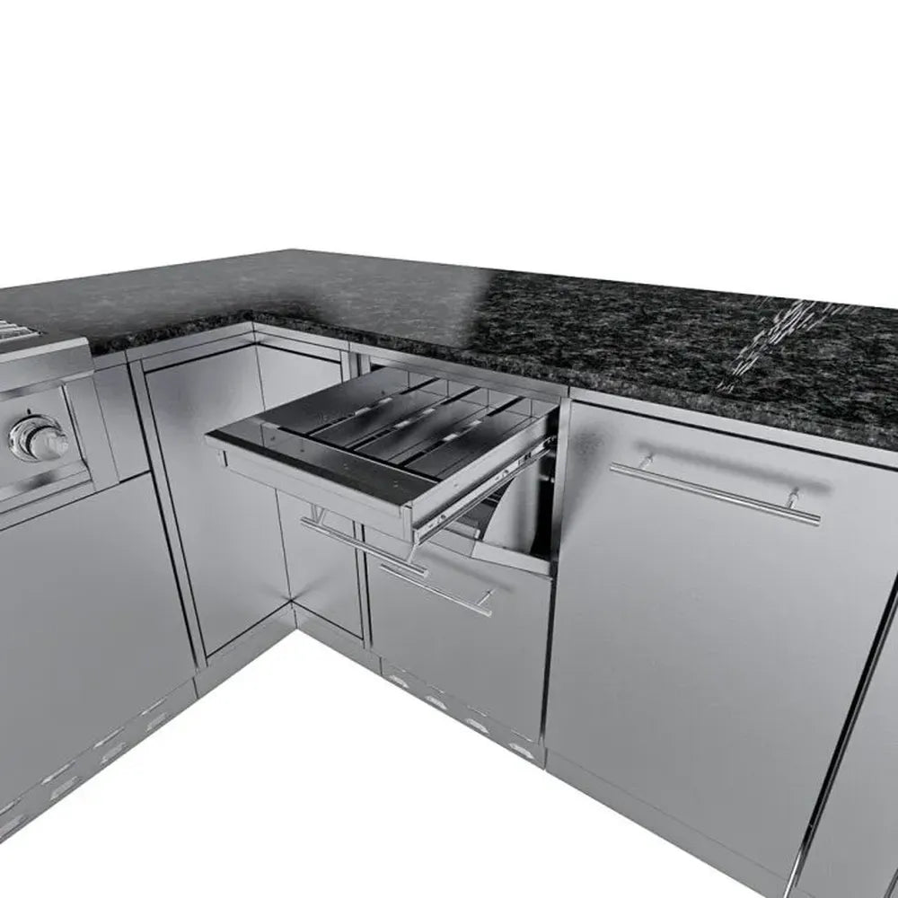 Sunstone Rancher L-shaped island (SCPRANCHER8.10BY11) with pull-out stainless tray/cutting board accessory in corner drawer.