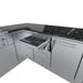 Sunstone Rancher L-shaped island (SCPRANCHER8.10BY11) with pull-out stainless tray/cutting board accessory in corner drawer.