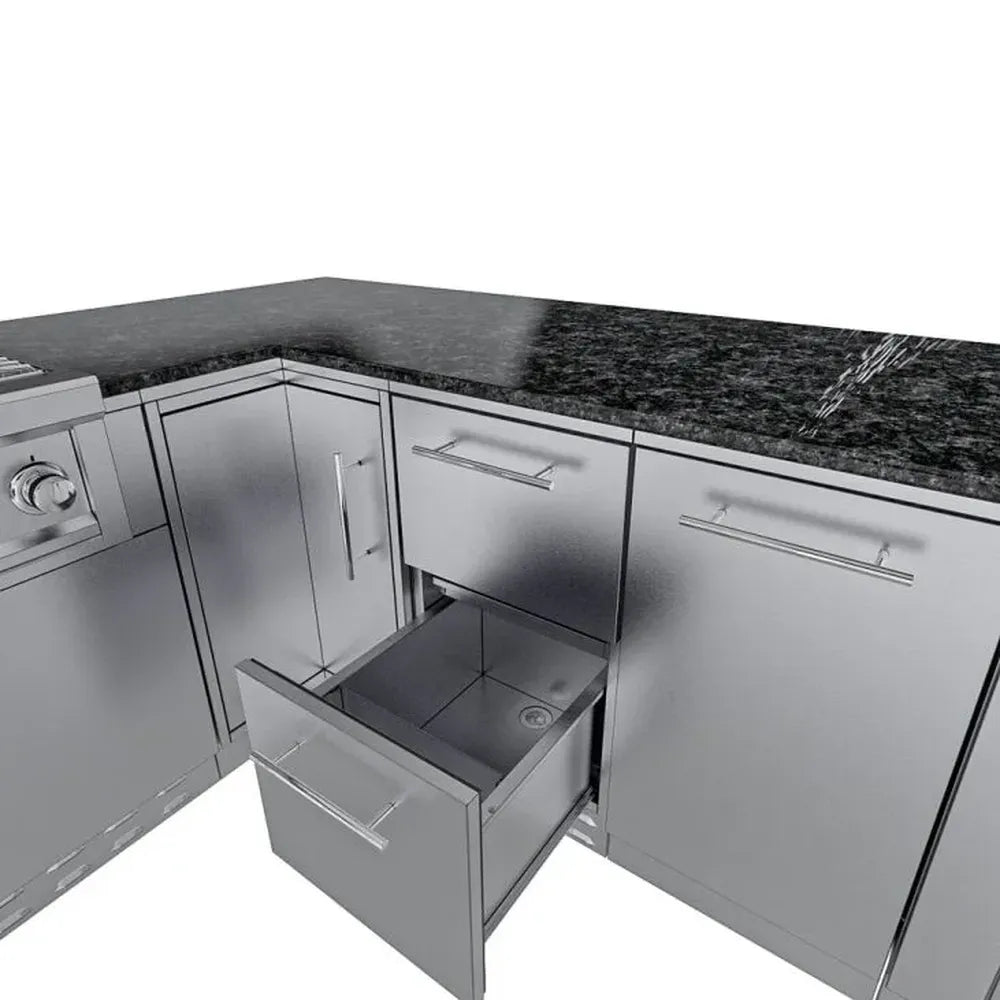 Sunstone SCPRANCHER8.10BY11 Rancher L-shaped island showing deep pull-out drawer storage next to corner cabinet.