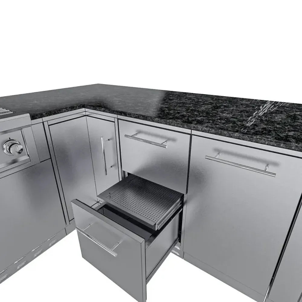Sunstone Rancher L-shaped outdoor kitchen island (SCPRANCHER8.10BY11) with pull-out perforated stainless drying rack/utility tray in drawer.