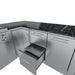 Sunstone Rancher L-shaped outdoor kitchen island (SCPRANCHER8.10BY11) with pull-out perforated stainless drying rack/utility tray in drawer.
