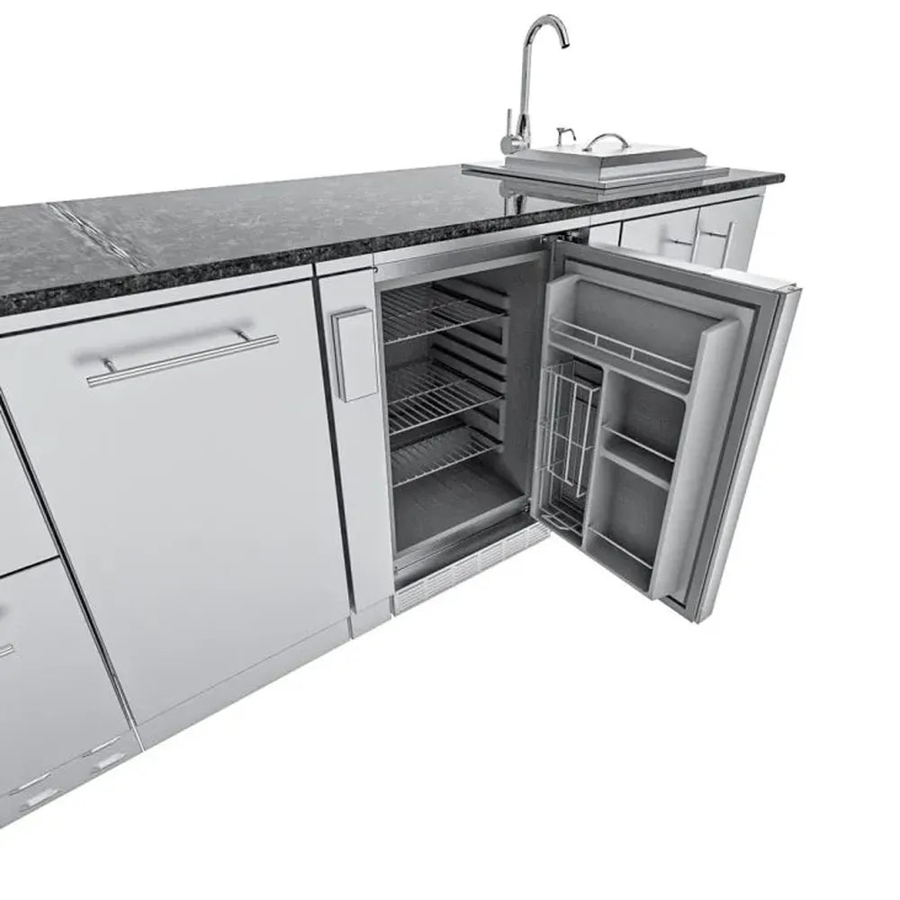 Sunstone SCPRANCHER8.10BY11 Rancher island featuring under-counter stainless refrigerator with door open and shelves visible near sink station.