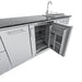 Sunstone SCPRANCHER8.10BY11 Rancher island featuring under-counter stainless refrigerator with door open and shelves visible near sink station.