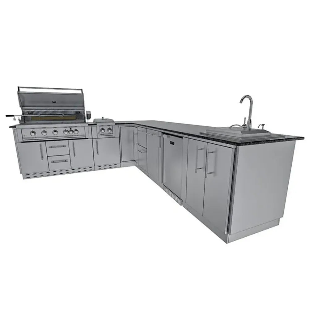 Angled product view of Sunstone SCPRANCHER8.10BY11 Rancher L-shaped island showing grill base cabinet, corner section, and sink run.
