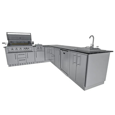 Angled product view of Sunstone SCPRANCHER8.10BY11 Rancher L-shaped island showing grill base cabinet, corner section, and sink run.