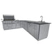 Angled product view of Sunstone SCPRANCHER8.10BY11 Rancher L-shaped island showing grill base cabinet, corner section, and sink run.