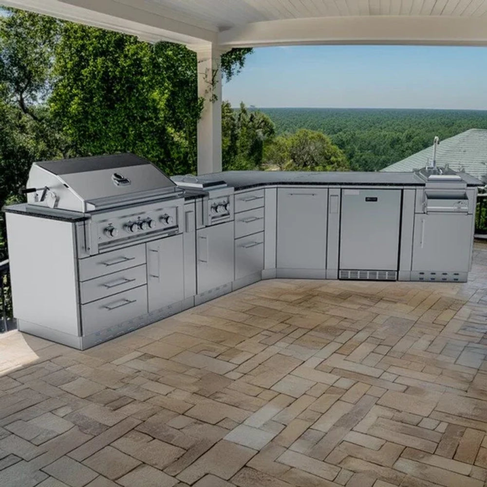 Sunstone Savanna 16ft angled outdoor kitchen island installed on a luxury stone patio under a covered gazebo.