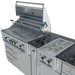 Wide-angle view of the Sunstone Savanna 16 ft angled island interior grill head with circular grate insert and dual side burner in the background.