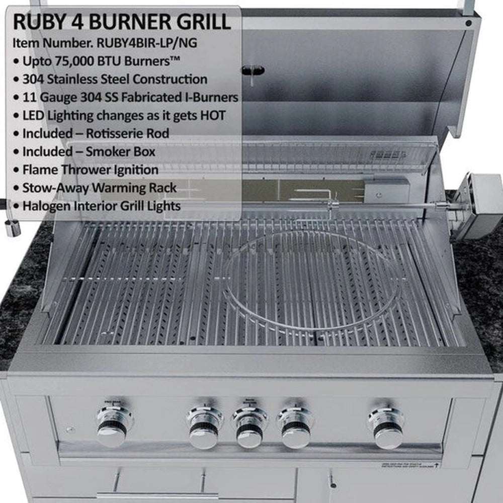 Sunstone Savanna 16 ft modular outdoor kitchen island featuring a Ruby 4-burner grill, double side burner, and dark granite countertops.