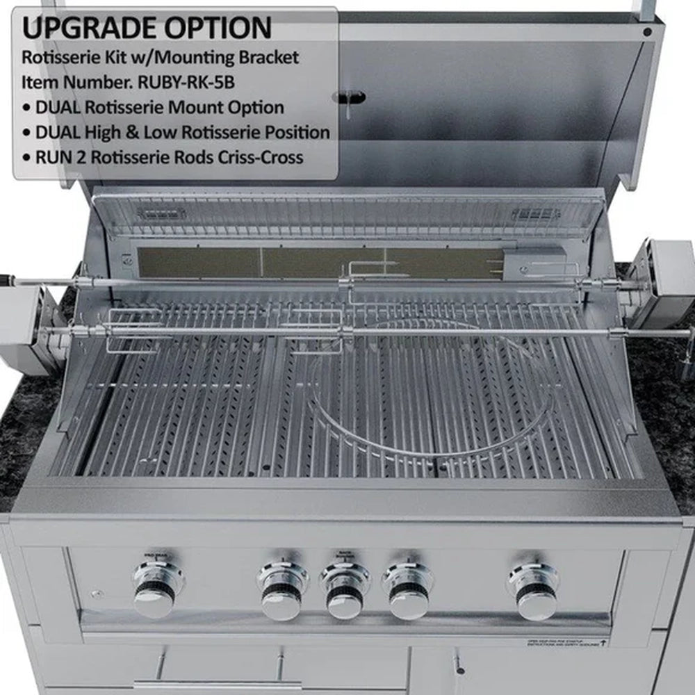 Upgrade option for Ruby 4-Burner grill showing the RUBY-RK-5B Dual Rotisserie Kit with criss-cross rod configuration and mounting brackets.