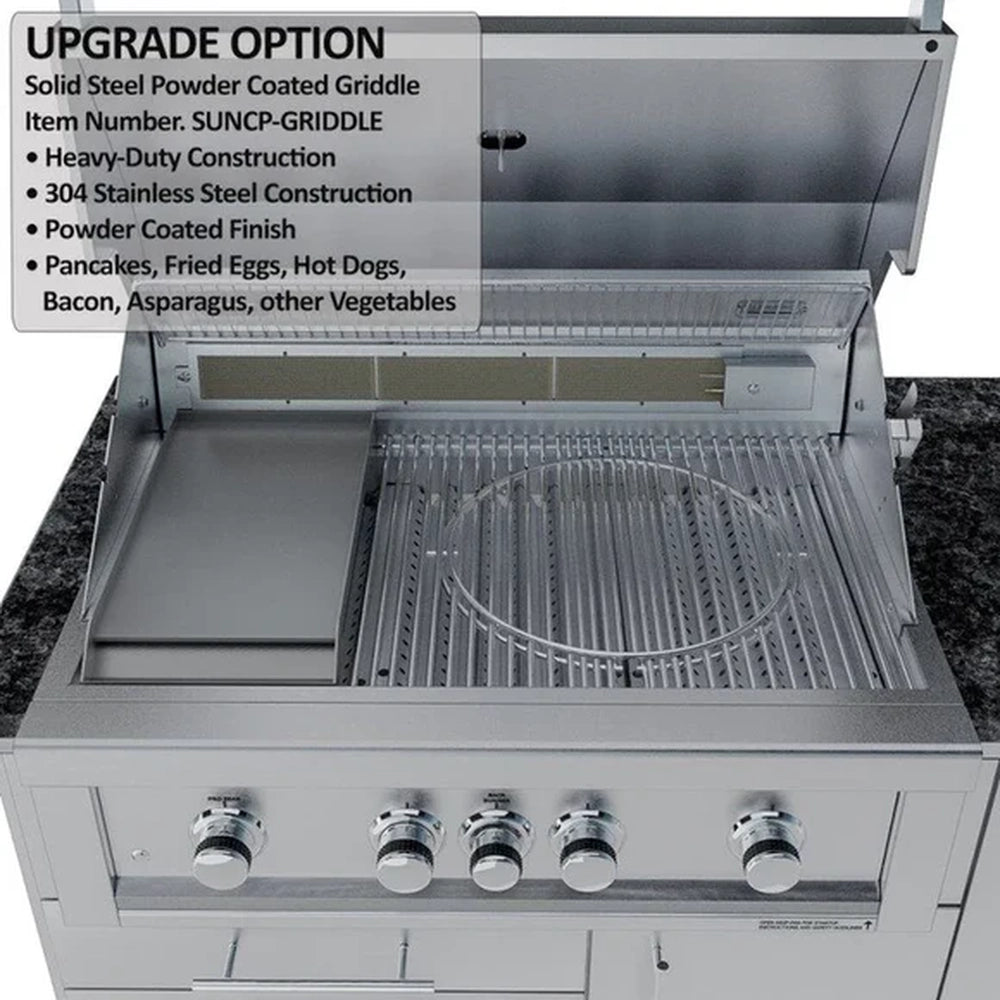 Sunstone SUNCP-GRIDDLE solid steel powder-coated griddle plate insert sitting on a Ruby gas grill for outdoor breakfast cooking.
