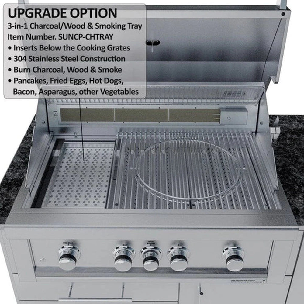 Sunstone 3-in-1 charcoal, wood, and smoking tray upgrade shown installed inside a professional gas grill.