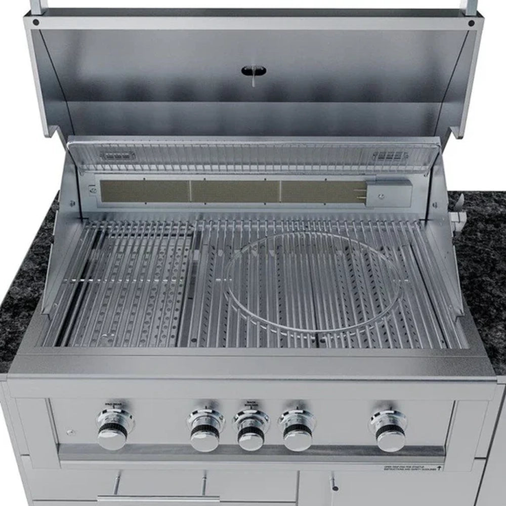 Interior view of a Sunstone professional series gas grill with heavy-duty stainless steel grates and integrated rotisserie burner.
